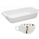 Travessa Refratária Funda Oxford Gourmet Porcelana - 38x23cm + Tigela de Porcelana Oxford Bolo de Caneca c/ Asa 300ml - Branca/Marrom
