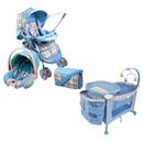 Carrinho de Bebê Cosco c/ Bebê Conforto e Bolsa Diaper Bag C326M - Azul + Berço Desmontável Cosco c/ Regulagem de Altura e Móbile - Azul HRY
