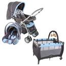 Carrinho de Bebê Cosco Reverse Travel System c/ Bebê Conforto CD200TS - Rosa + Berço Cosco Toybar C66T c/ Móbile - Azul
