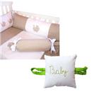 Conjunto p/ Berço Tribeca Padrão Americano c/ Carrinho de Bebê Bordado Bege/Branco - 9 Peças + Almofada Segura Porta Tribeca - Branco/Verde