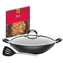 Panela Wok Tramontina Mônaco Preta 32 cm Com Espátula de Silicone, Tampa de Vidro e Um Exclusivo Livro de Receitas Para Wok - 2 Peças