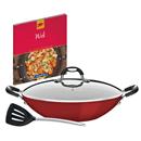 Panela Wok Tramontina Mônaco Vermelha 32 cm Com Espátula de Silicone, Tampa de Vidro e Um Exclusivo Livro de Receitas Para Wok - 2 Peças