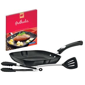 Bistequeira Tramontina M&ocirc;naco Preta 24cm Com Utens&iacute;lios de Silicone e Um Exclusivo Livro de Receitas Para Grelhados - 3 Pe&ccedil;as - cod. 853791