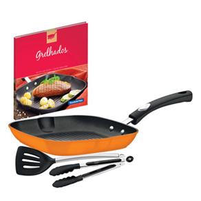 Bistequeira Tramontina M&ocirc;naco Laranja 24cm Com Utens&iacute;lios de Silicone e Um Exclusivo Livro de Receitas Para Grelhados - 3 Pe&ccedil;as - cod. 853792