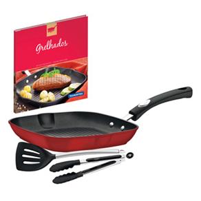 Bistequeira Tramontina M&ocirc;naco Vermelha 24cm Com Utens&iacute;lios de Silicone e Um Exclusivo Livro de Receitas Para Grelhados - 3 Pe&ccedil;as - cod. 853793