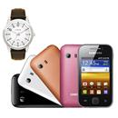 Celular Desbloqueado Samsung Galaxy Y Color Plus com Android 2.3, Wi-Fi, 3G, GPS, Câmera 2MP, Fone, Cartão 2GB + Relógio Masculino Lince Steel-Marrom