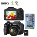Câmera Digital Sony DSC-H100 Preta 16.1MP, LCD 3.0", Zoom de 21X, Panorâmica 360° e Vídeo HD + Cartão 8GB + Carregador com 4 Pilhas AA