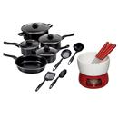 Conjunto de Panelas Inova Aço Inox e Tampa de Vidro com Utensílios de Nylon D161946 - 5 Peças + Fondue Portillo WLF-162 Vermelho - 7 Peças