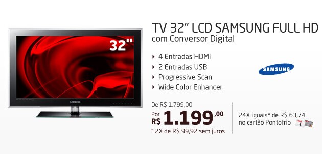 TV 32' LCD Samsung Full HD com Conversor Digital