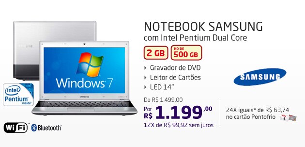 Notebook Samsung com Intel Pentium Dual Core 