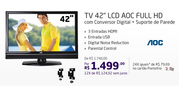 TV 42' LCD AOC Full HD com Conversor Digital + Suporte de Parede