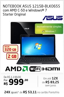 Netbook Asus 1215B-BLK065S com AMD C-50 e Windows® 7 Starter Original