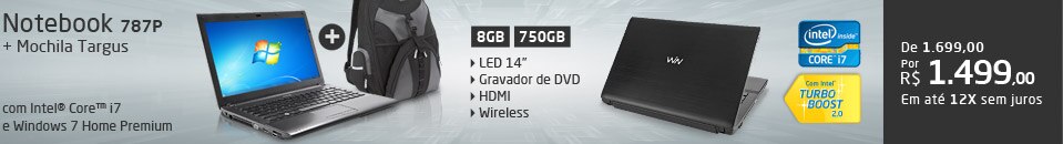 Notebook CCE 787P+ com Intel® Core™ i7-2630QM, 8GB, 750GB, Gravador de DVD, HDMI, Wireless, LED 14 e Windows 7 Home Premium + Mochila Targus